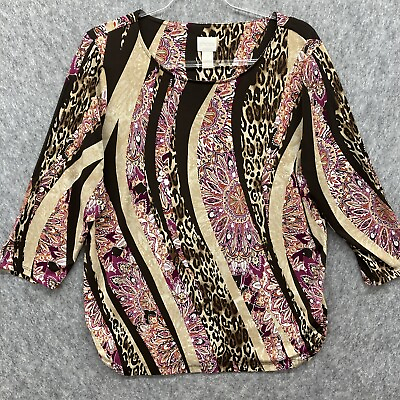#ad Chicos 2 Animal Print Knit Tunic Shirt Womens Large Brown Tan Berry Side Ruching $17.95