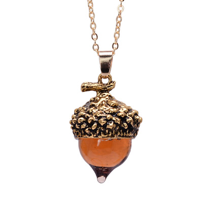 #ad Glaze Glass Acorn Necklace Pendant Antique Gold with Long Chain Ships Fast $9.99