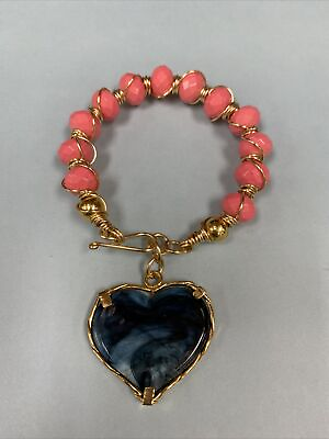 #ad Chunky Salmon Bracelet Gold Tone Wire Lock Smoky Clear Heart Charms Handmade $10.00