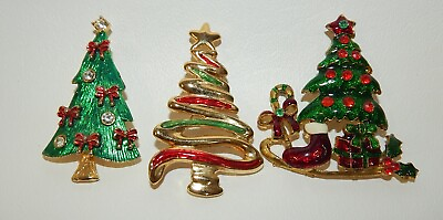 #ad 3 Enameled amp; Decorated Christmas Tree Pins Brooches $24.99