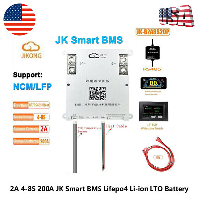 #ad JK BMS Lifepo4 Li Ion LTO Battery 2A 4S 8S 200A Active BalanceHeat Cable US $128.61