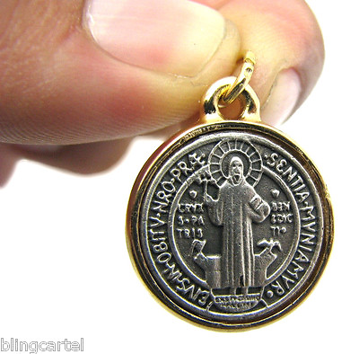 #ad San Benito Medalla 20mm Saint Benedict Cross Silver Gold Tone Extra Small Medal $7.99