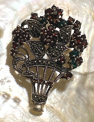 #ad Sterling Brooch Pendant Floral Bouquet With Garnet Emerald And Marcasite Gems $44.00