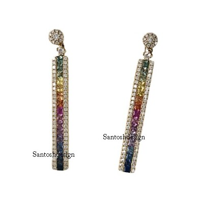 #ad Beautiful Diamond Rainbow Multi Sapphire Bar EarringHandmade Earring Jewelry $309.47