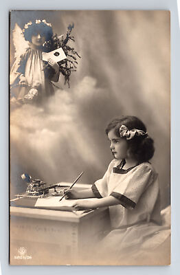 #ad RPPC Studio Portrait of Young Girl Writing With Angel Watching Postcard $12.61