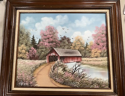 #ad Covered Bridge in Fall Original Painting on Canvas Signed Jean Castle $157.52