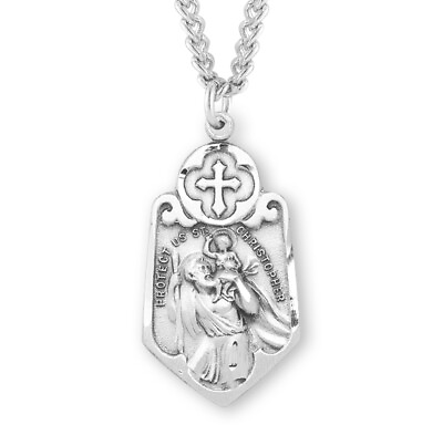#ad Protect Us St Christopher with Cross Sterling Silver Medal Pendant Necklace $74.88