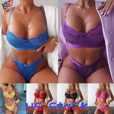 #ad US Womens Sexy Lace Lingerie Top Bra Thong Set Nightwear Underwear Sleepwear Pjs $12.29