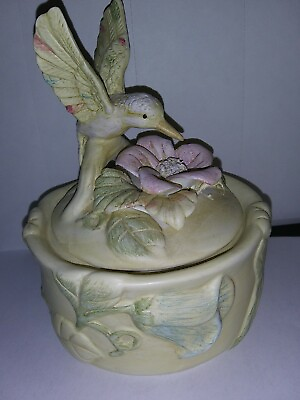 #ad Vtg Ceramic Bisque Round Jewelry Trinket Box Hummingbird Flowers $10.00