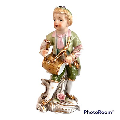 #ad Vtg Porcelain amp; Gold Gilt Figurine Victorian Boy Playing Drums in Forest Marked $14.99