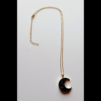 #ad Black Druzy Look Crescent Moon Pendant Necklace $9.99