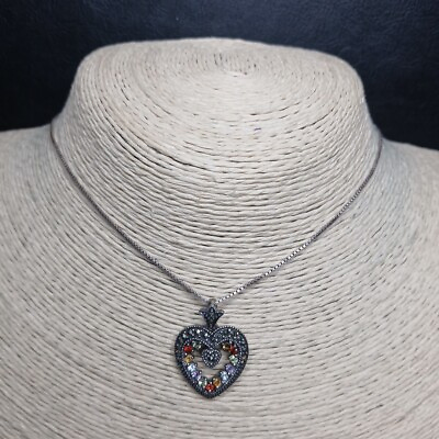 #ad STERLING SILVER 925 Necklace Heart Pendent Multicolor Crystal Marcasit. 1199 $21.99