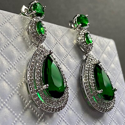 #ad Lab Created Green Emerald Chandelier Earrings 18K White Gold Plated Finish $145.00