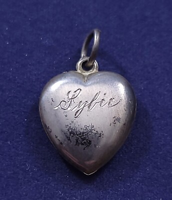 #ad Hand Engraved #x27;Sybie#x27; ? Puffy Heart Vintage 40s Bracelet Charm Sterling Silver $22.49