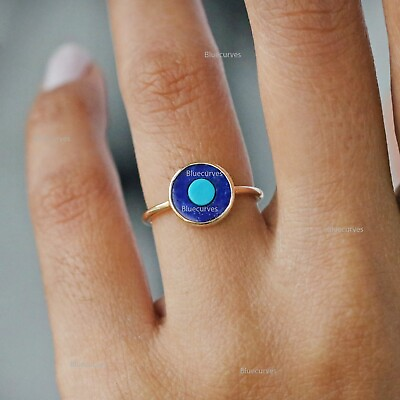 #ad Natural Lapis Lazuli with Turquoise Evil Eye Disc Ring 14k Gold Third Eye Ring $592.39