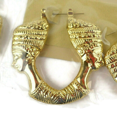 #ad 1 Pair 14K Gold Filled GF Queen Nefertiti Egypt Fashion Earrings 1 3 4quot; Wide $14.95