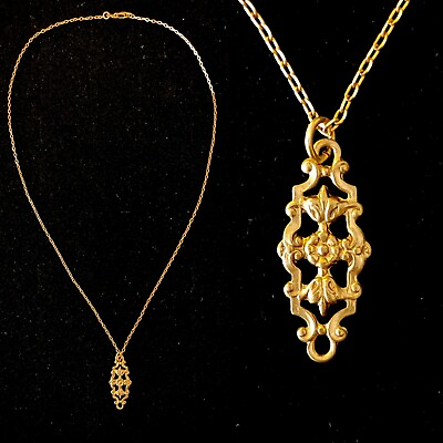 #ad Vintage Dainty Fine Filigree Pendant Brass Necklace Authentic $30.00