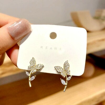#ad Gold Flower Butterfly Pave Cubic Zirconia Stud Earring $10.99