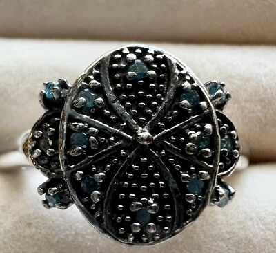 #ad Unique Vintage Sterling Silver Ring Oxidized Lab Created Blue Diamonds Size 8.5 $60.00