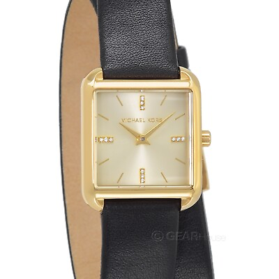 #ad Michael Kors Drew Womens Gold Watch Square Dial Double Wrap Black Leather Band $69.80