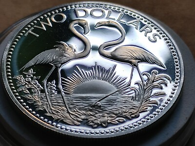 #ad Rarest low mintage Sterling PROOF 1974 BAHAMAS $2 FLAMINGO Coin w Holder. $74.82