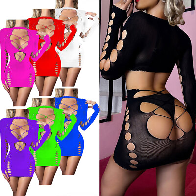 #ad US Womens Mini Dress Fishnet Clubwear Sexy Nightwear See Through Bodysuit Cutout $7.43