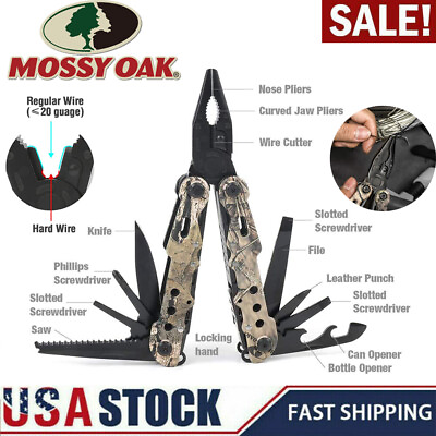 #ad MOSSY OAK 13 in 1 Multi tool Multi Function Pliers Folding Pocket Tool w Sheath $20.79