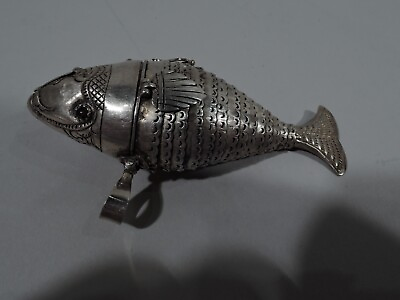 #ad Antique Spice Box Fish Figural Articulated European Silver $665.00