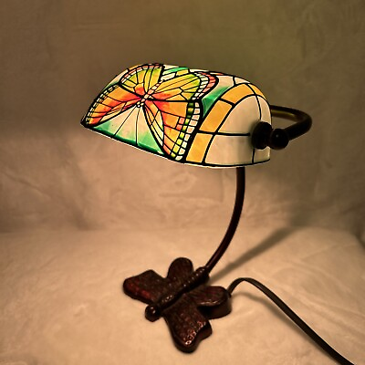 #ad Desk Lamp Banker Tiffany Style Butterfly Stained Glass Metal Base Electric $69.95