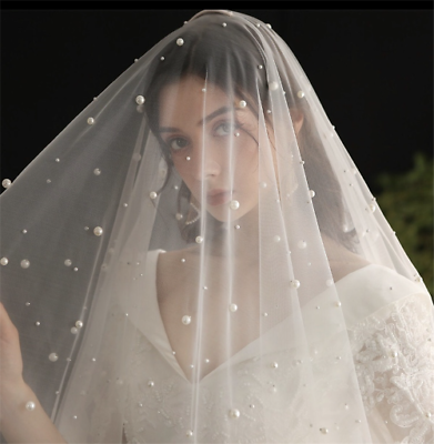 #ad White Ivory Champagne Bridal Veil Long Two Tiers Face Covered Blusher With Pearl $35.64