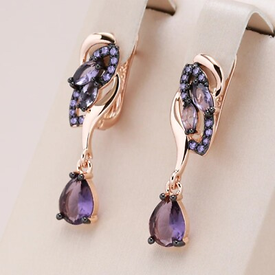 #ad Water Drop Cool Earrings Purple Natural CZ 585 Rose Gold Color Women jewelry $15.49