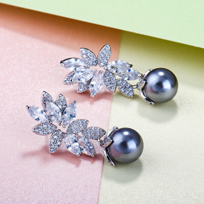 #ad Cubic Zirconia Women Leaf 925 Sterlings Silver Dangle Gray Pearl Drop Earrings $6.98