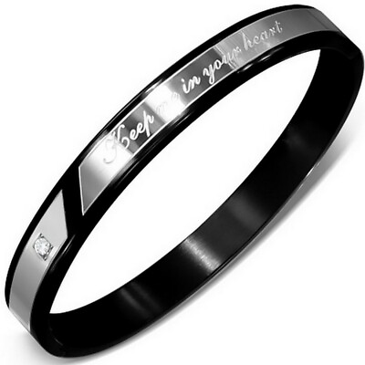 #ad Stainless Steel Black Silver Tone Engraving Keep Me Your Heart Bangle Bracelet $19.99