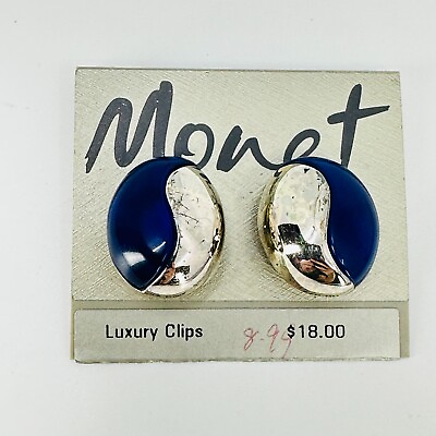 #ad VTG Monet Earrings Blue Silver Tone Swirl Round Luxury Clips Estate Jewelry $8.46