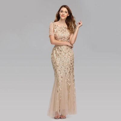 #ad Women Evening Dresses Short Sleeve Lace Tulle Long Party Gown Sexy Formal Robe $87.18