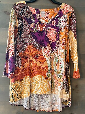 #ad CHICOS 2 Womens Blouse Top Multi Floral 3 4 Sleeve Pullover v neck casual $14.00
