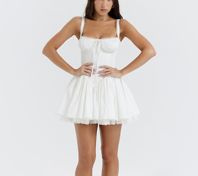 #ad Women Sexy Lace Backless Drawstring White Slip Short Mini Dress $53.19