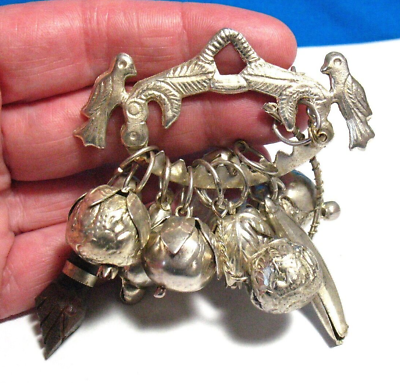 #ad PRESSED SILVER CHARM HOLDER PIN W 10 HOLLOW CHARMS VINTAGE $150.00