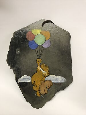 #ad Slate Painting Garfield The Cat Holding Teddy Bear Floating By Helium Balloons $19.00