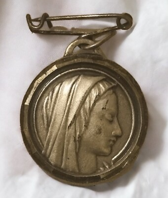 #ad Antique Catholic Pendant Medal Lourdes Virgin Mary France on Bar Pin $38.27