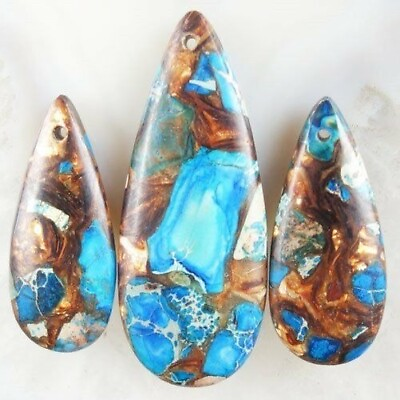 #ad 3pcs lot Blue Sea Sediment Jasper Gold Copper Bornite stone Teardrop Pendant diy $9.49