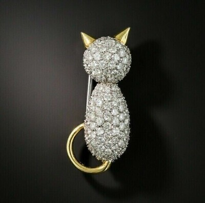 #ad Women Cat Brooch Pin 925 Yellow Sterling Silver 2 Ct Round Cut Simulated Diamond $149.99