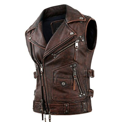 #ad Cowhide Vintage Vest For Men Motorcycle Black amp; Brown Racing Leather Gilet $89.87