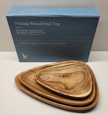 #ad Sembla Nesting Wood Petal Tray Set of Three Handmade in India Acacia Wood $11.96