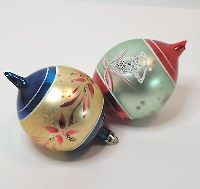 #ad Blown Glass Teardrop Ornaments 2 Red W Mica Bell amp; Blue Banded Floral Poland $17.95