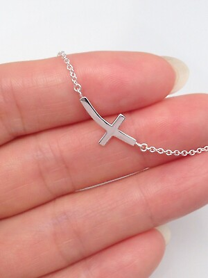 #ad Sideways Cross Necklace 925 Sterling Silver Curved Cross Pendant Tiny 15mm 0.59quot; $20.95