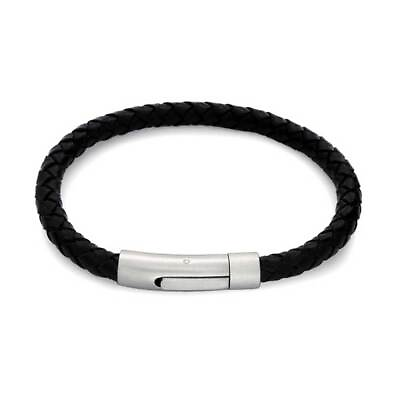 #ad Black Woven Braided Leather Bangle Bracelet Stainless Magnetic Buckle $12.99