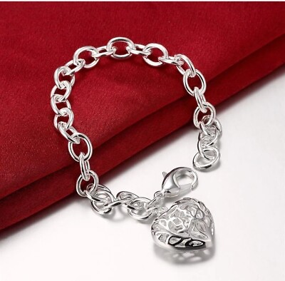 #ad 925 Sterling Silver Vintage Elegant Chain Bracelet Heart Pendant Charm Bangle $9.99