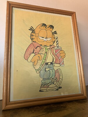 #ad Vintage Garfield Framed Drawing And Coloring Art 14” X 11” Unique One Of A Kind $125.00