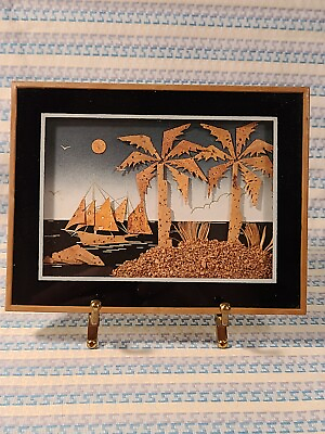 #ad Spanish Carved Cork Miniature 3D Ship Tropical Palms Framed Picture 6 1 2quot; X 5quot; $12.77